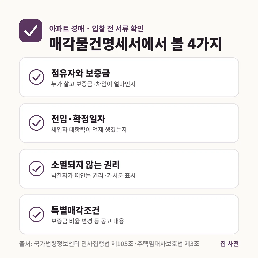 아파트 경매 입찰 전 매각물건명세서에서 점유자와 보증금, 전입과 확정일자, 소멸되지 않는 권리, 특별매각조건 4가지를 확인합니다.