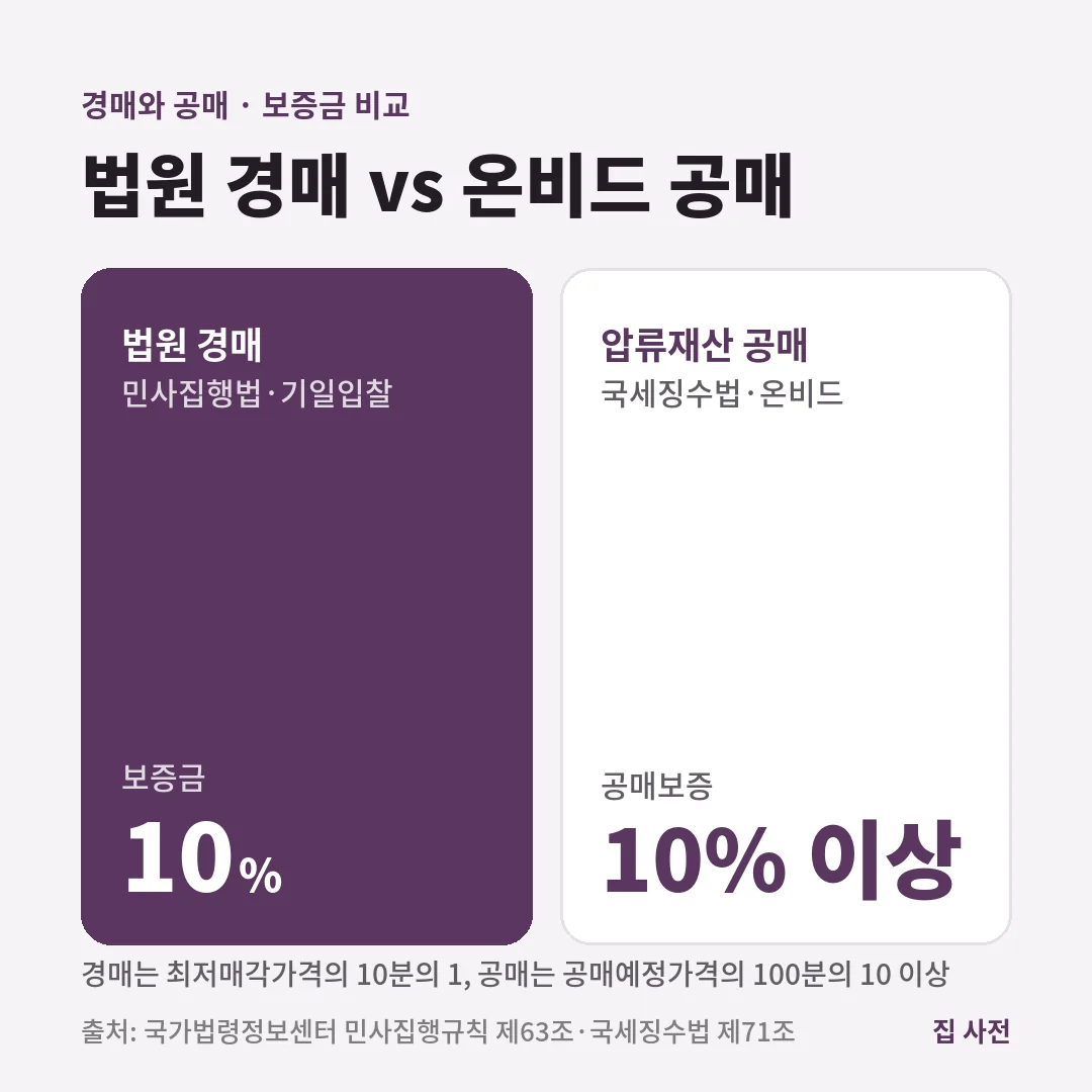 법원 아파트 경매 보증금은 최저매각가격의 10%이고, 온비드 압류재산 공매보증은 공매예정가격의 10% 이상입니다.