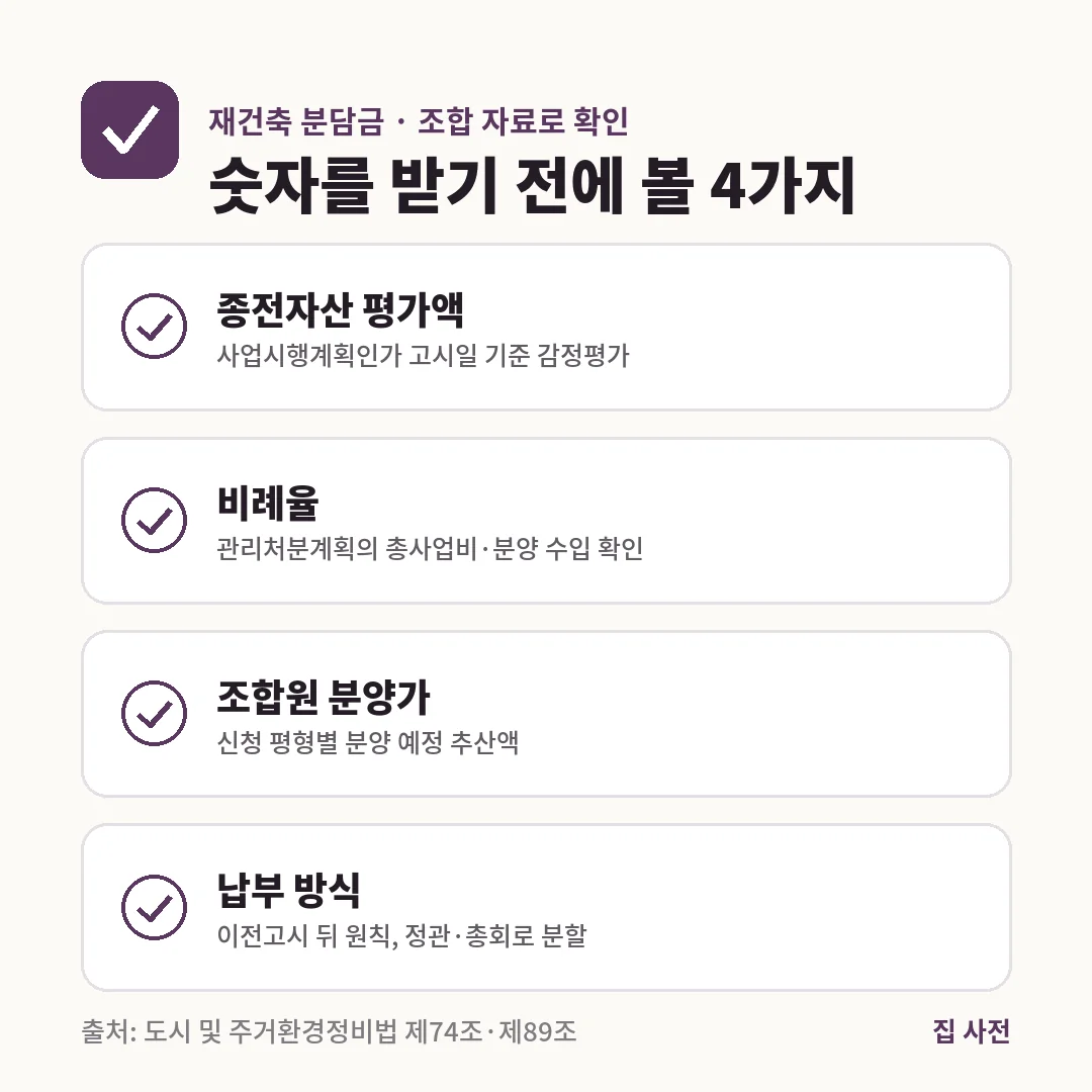 재건축 분담금을 확인할 때는 종전자산 평가액, 비례율, 조합원 분양가, 이전고시 뒤 원칙인 납부 방식 4가지를 조합 자료로 봅니다.