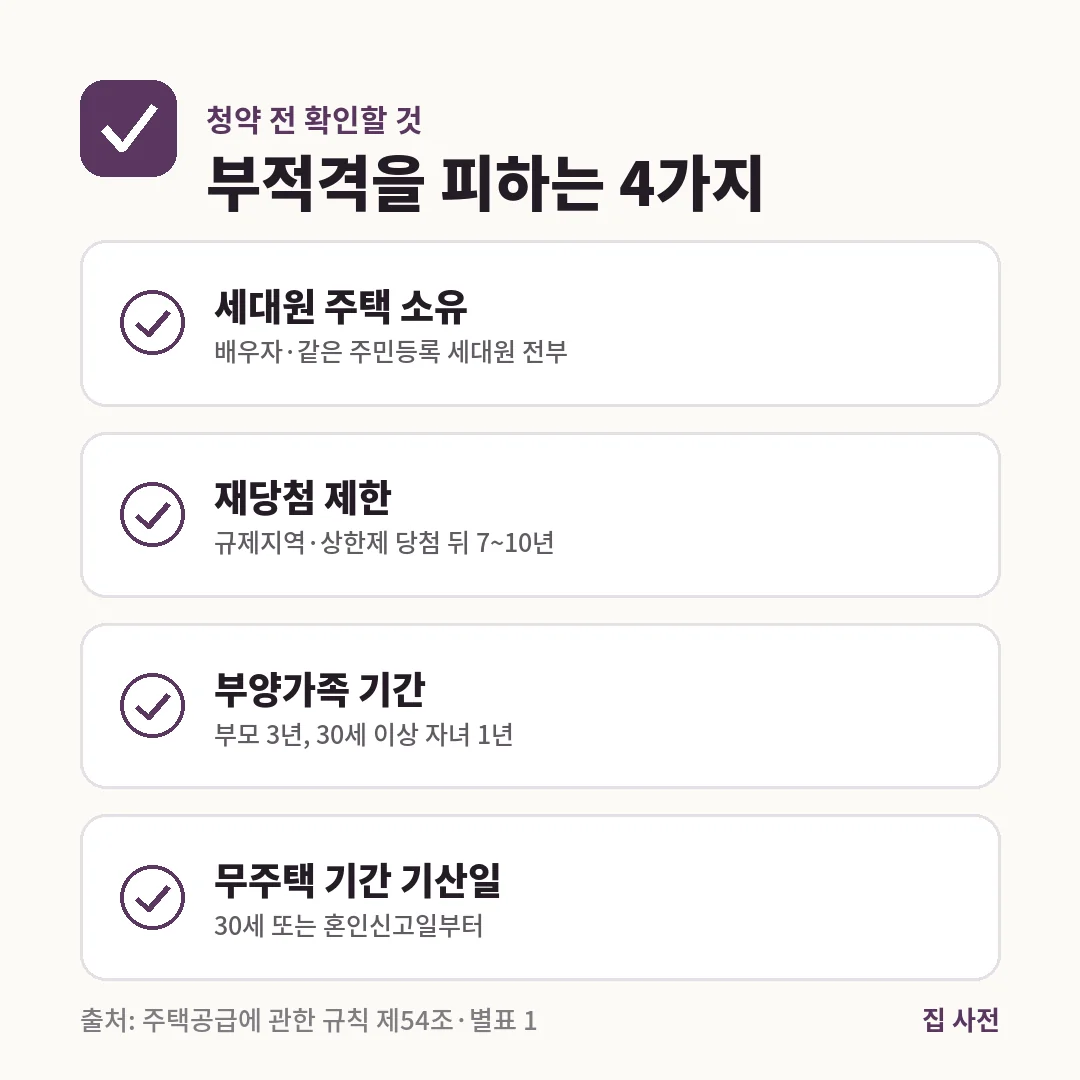 아파트 청약 전 확인할 것은 세대원 전원의 주택 소유 여부, 7~10년 재당첨 제한, 부양가족 동거 기간, 30세 또는 혼인신고일부터 세는 무주택 기간입니다.
